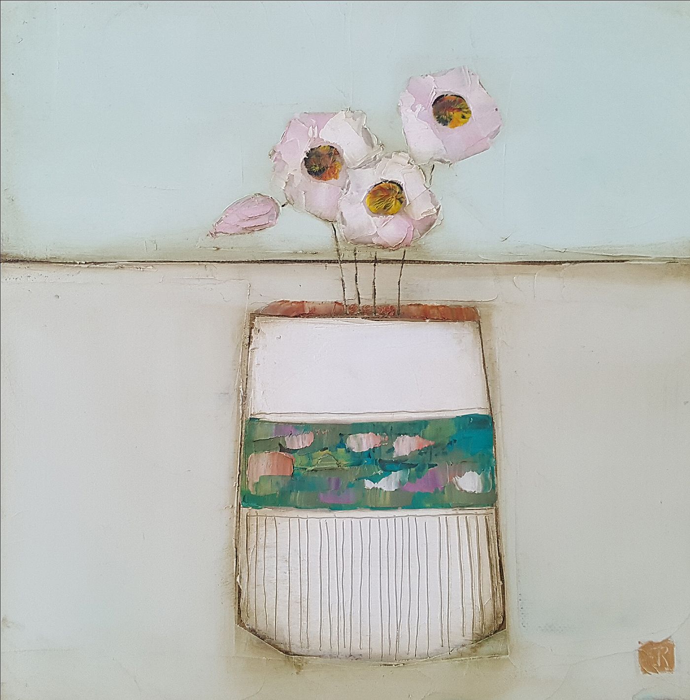 Eithne  Roberts - Pinks in white pot